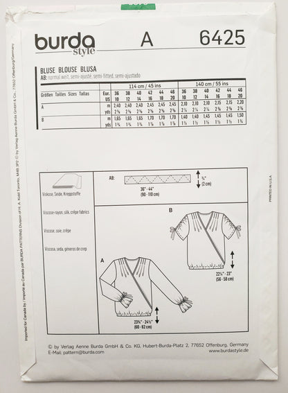 BURDA STYLE, Sewing Pattern 6425, Tops with Ruched Short Sleeves, Long Sleeves with Drawstring Cuffs,   Size 10-20
