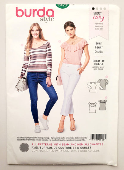 BURDA STYLE, Sewing Pattern 6428, Top, Tshirt, Ruffle Neckline, Size 8-18