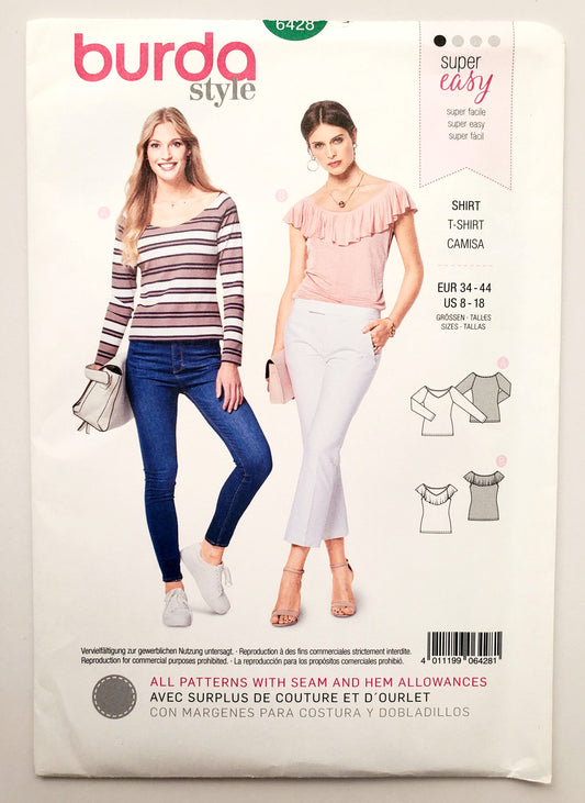 BURDA STYLE, Sewing Pattern 6428, Top, Tshirt, Ruffle Neckline, Size 8-18