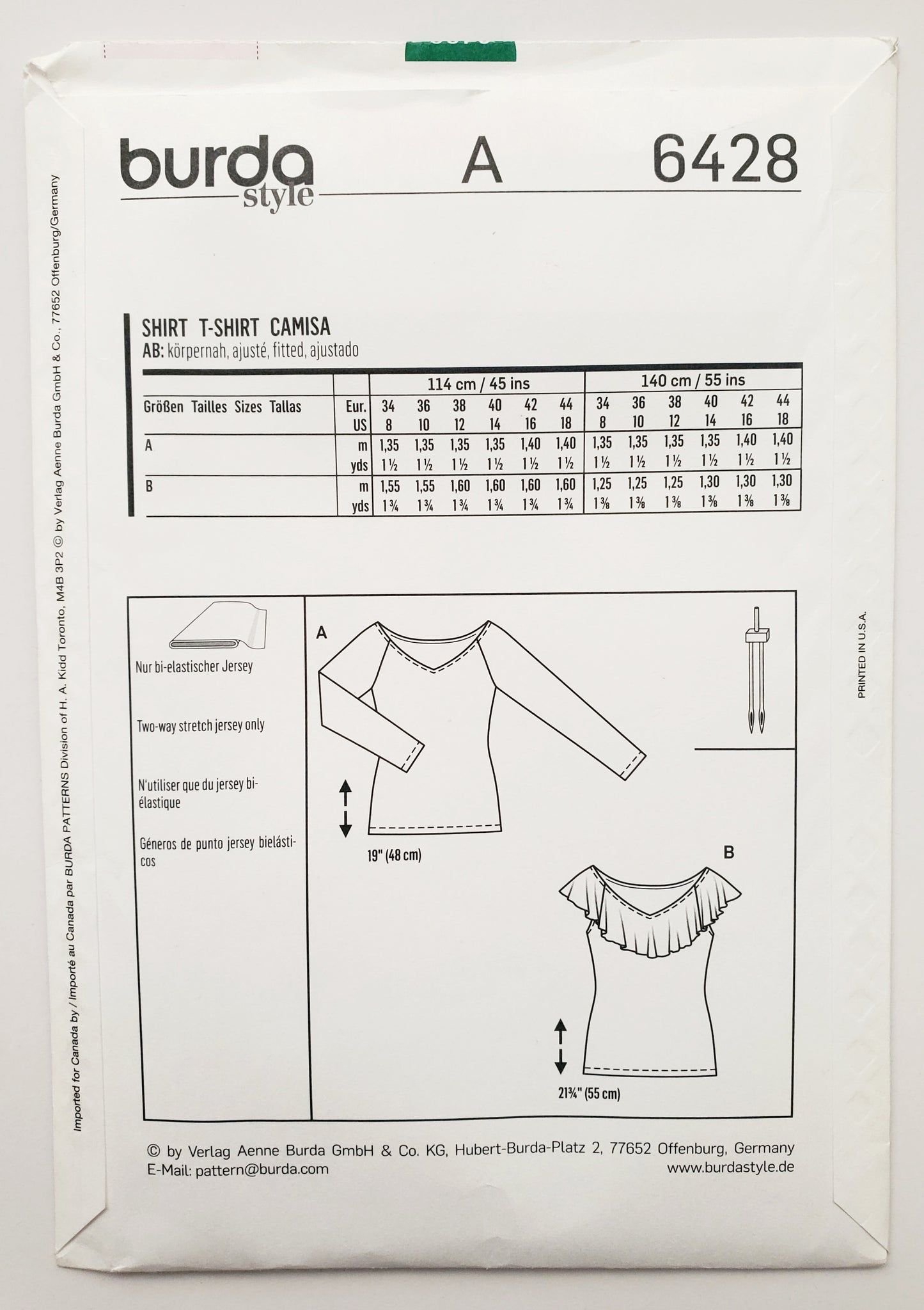 BURDA STYLE, Sewing Pattern 6428, Top, Tshirt, Ruffle Neckline, Size 8-18