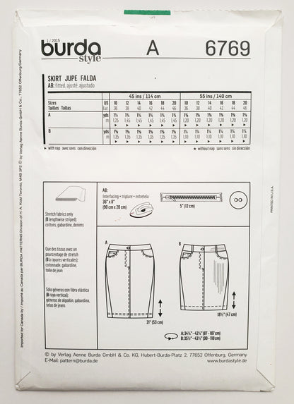 BURDA STYLE, Sewing Pattern 6769, Straight Short Skirt, Denim, Size 10-20