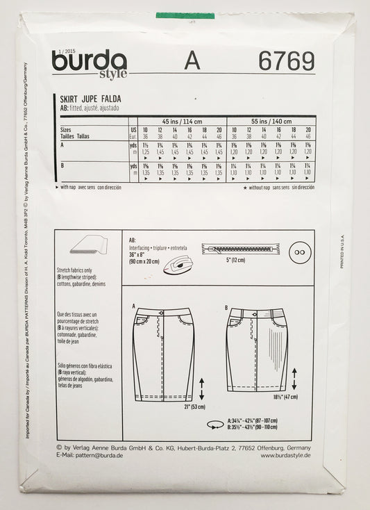 BURDA STYLE, Sewing Pattern 6769, Straight Short Skirt, Denim, Size 10-20