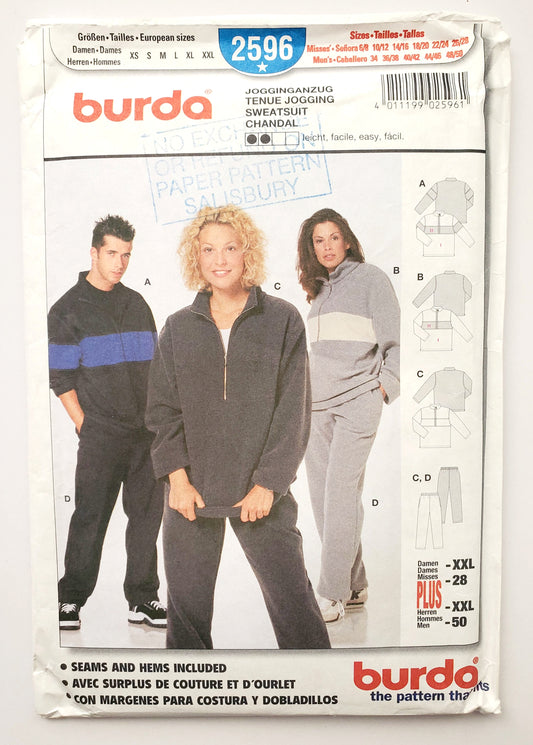 BURDA, Sewing Pattern 2596, Jogging Outfit, Sports, Pants, Jumpers, Sweaters, Woman, Size 6-28, Men's, 34-50
