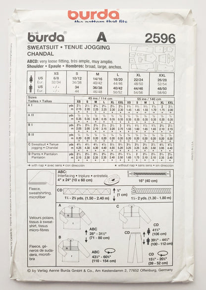 BURDA, Sewing Pattern 2596, Jogging Outfit, Sports, Pants, Jumpers, Sweaters, Woman, Size 6-28, Men's, 34-50