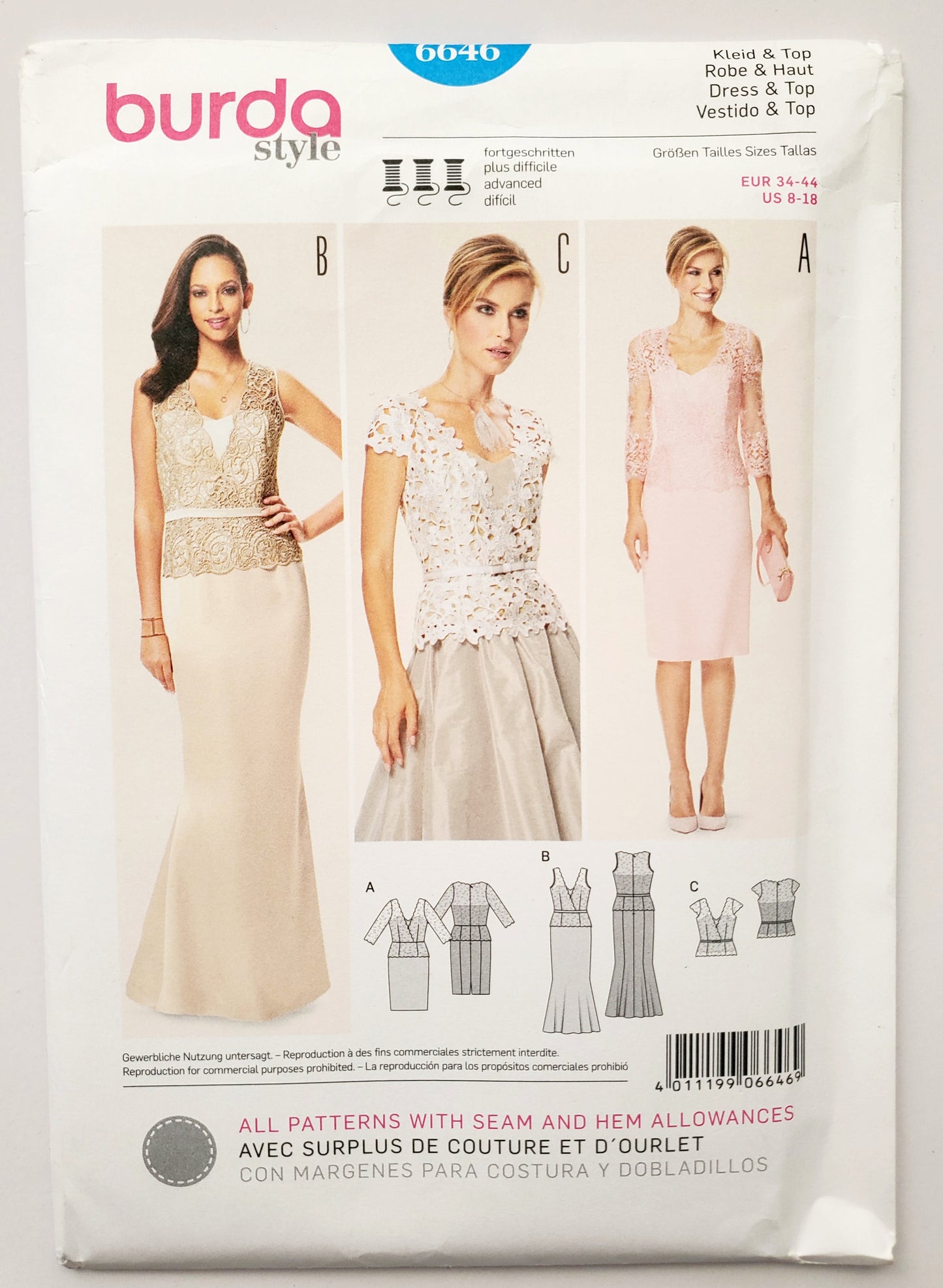 BURDA STYLE, Sewing Pattern 6646, Evening Dress, Lace Overlay, Top, Size 8-18