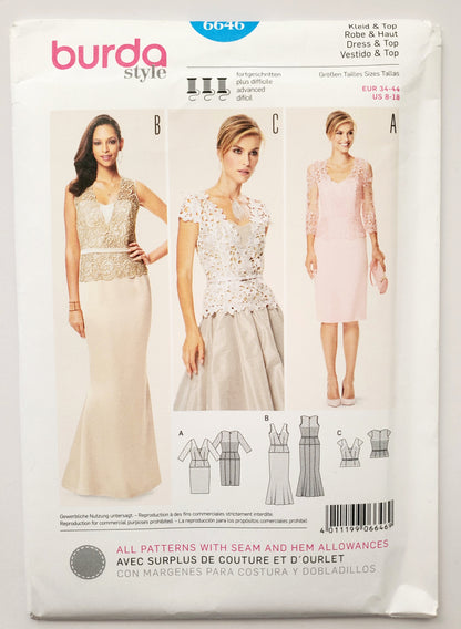 BURDA STYLE, Sewing Pattern 6646, Evening Dress, Lace Overlay, Top, Size 8-18
