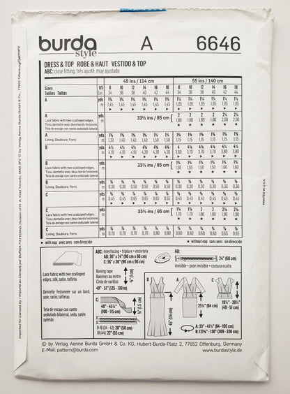BURDA STYLE, Sewing Pattern 6646, Evening Dress, Lace Overlay, Top, Size 8-18