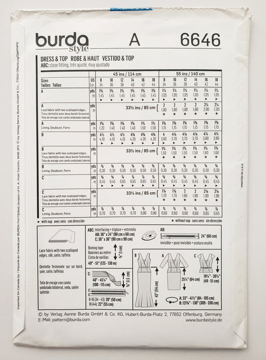 BURDA STYLE, Sewing Pattern 6646, Evening Dress, Lace Overlay, Top, Size 8-18