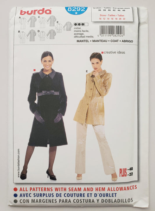 BURDA, Sewing Pattern 8292, Jacket, Coat, Size 10-22