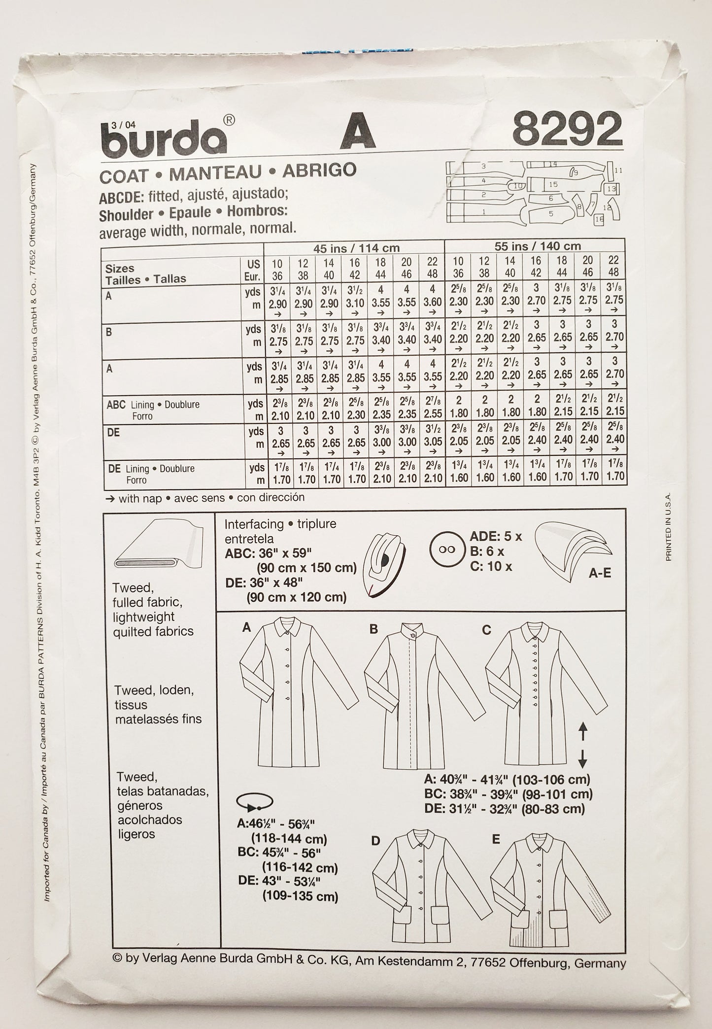 BURDA, Sewing Pattern 8292, Jacket, Coat, Size 10-22