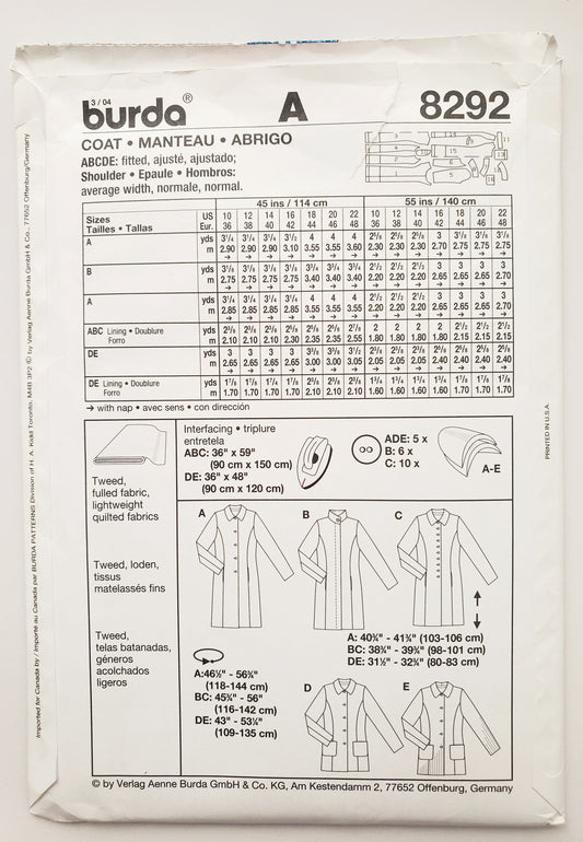 BURDA, Sewing Pattern 8292, Jacket, Coat, Size 10-22