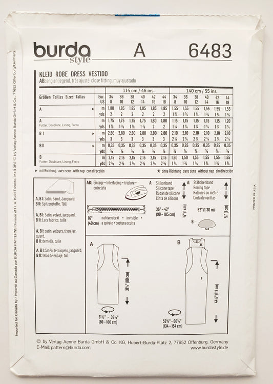 BURDA STYLE, Sewing Pattern 6483, Evening Dress. Strapless Dress. Dress with Lace Panel, Size 8-18