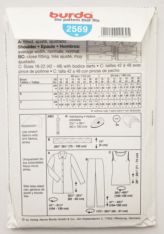 BURDA EASY, Sewing Pattern 2569, Pants, Shirts, Top, Outfit, Size 10-22