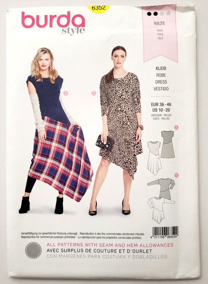 BURDA STYLE, Sewing Pattern 6352, Dress with Uneven Hemline, Size 10-20