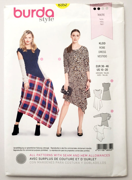 BURDA STYLE, Sewing Pattern 6352, Dress with Uneven Hemline, Size 10-20