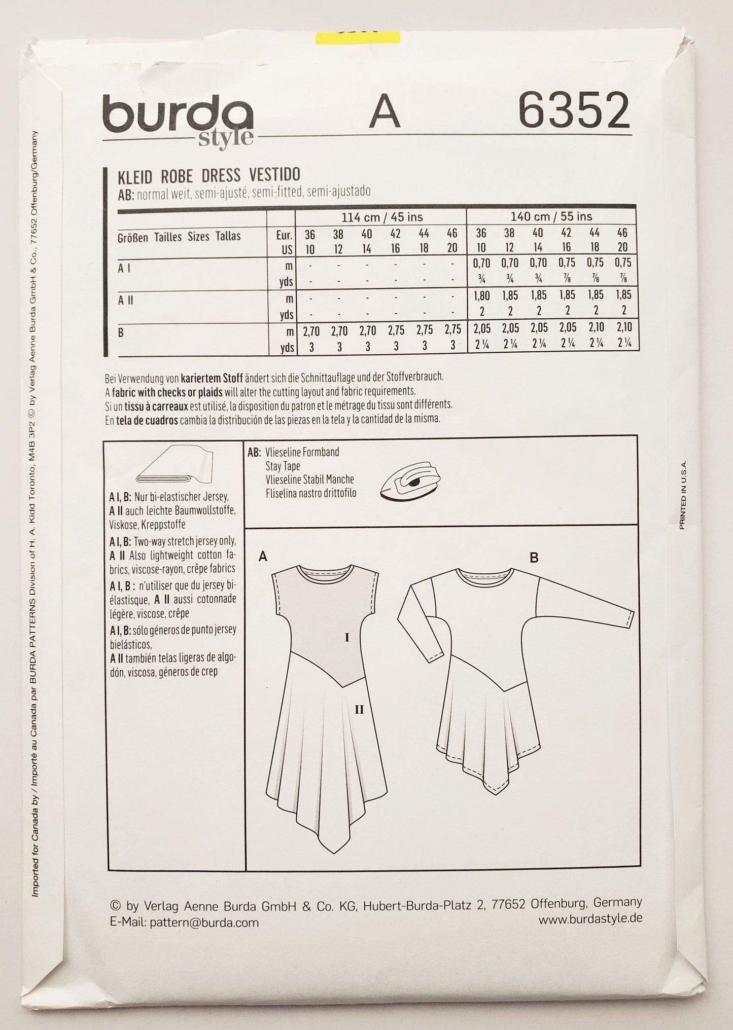 BURDA STYLE, Sewing Pattern 6352, Dress with Uneven Hemline, Size 10-20