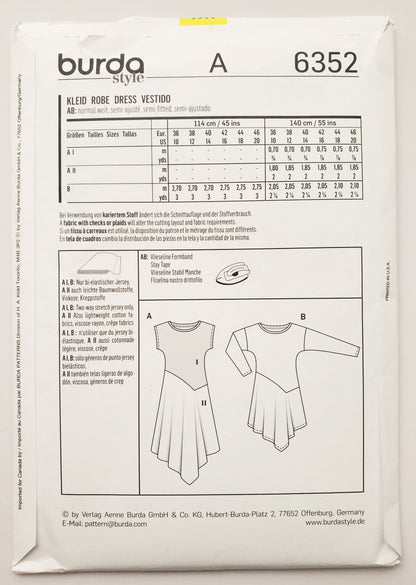BURDA STYLE, Sewing Pattern 6352, Dress with Uneven Hemline, Size 10-20