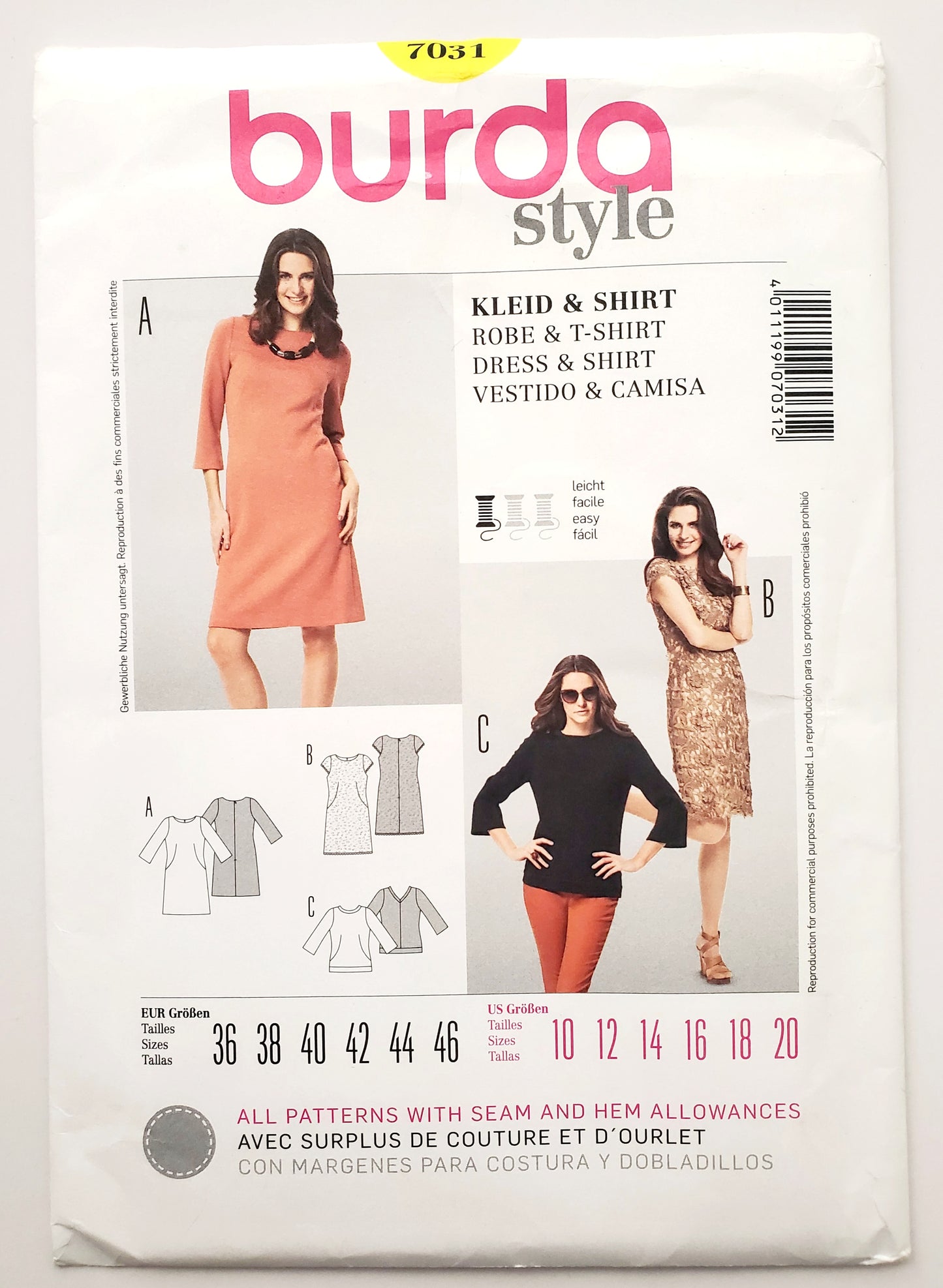 BURDA STYLE, Sewing Pattern 7031, Tunic, Tops, Dress, Size 10-20