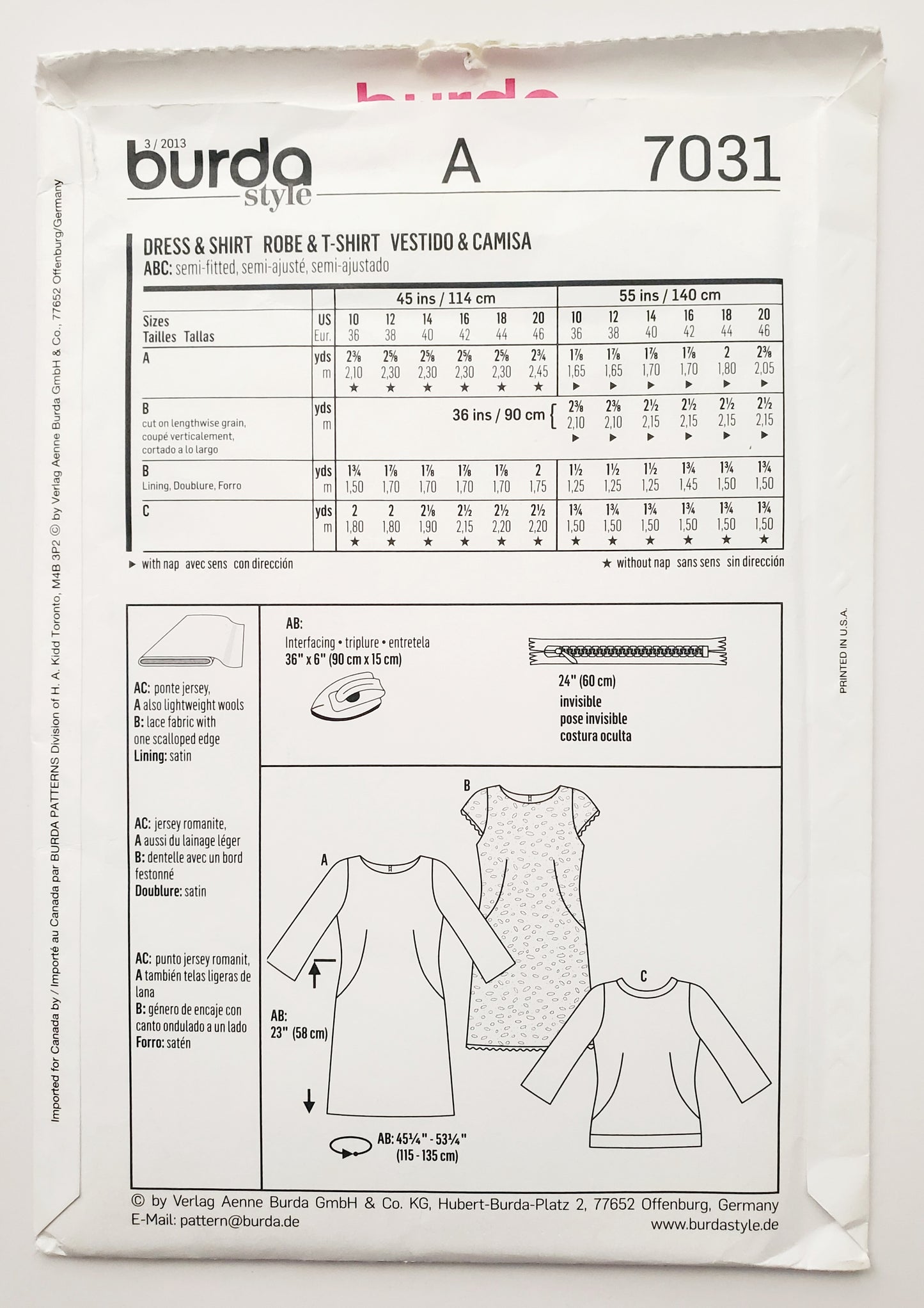 BURDA STYLE, Sewing Pattern 7031, Tunic, Tops, Dress, Size 10-20