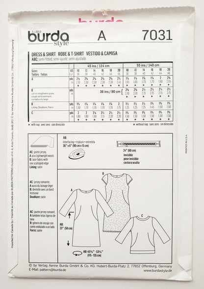 BURDA STYLE, Sewing Pattern 7031, Tunic, Tops, Dress, Size 10-20