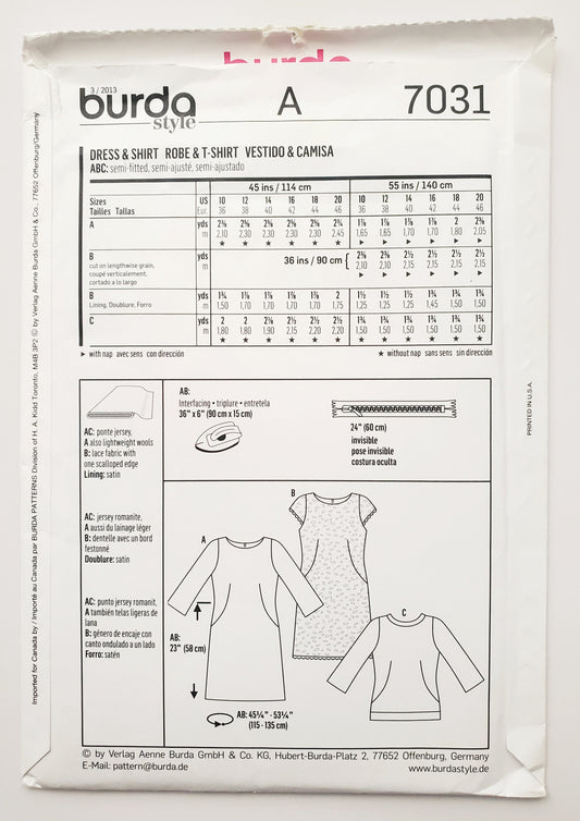 BURDA STYLE, Sewing Pattern 7031, Tunic, Tops, Dress, Size 10-20