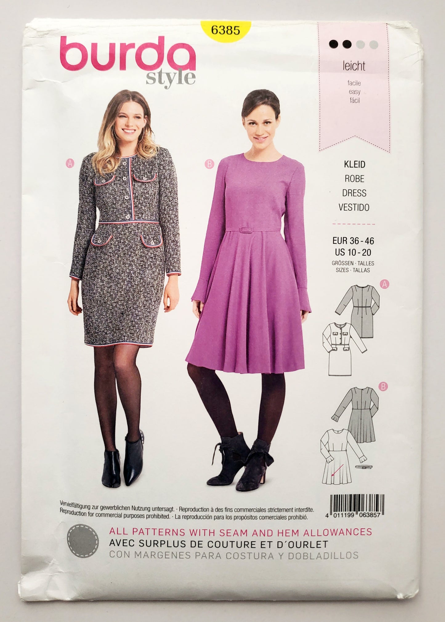 BURDA STYLE, Sewing Pattern 6385, Skater Dress with Long Sleeve, Short Dress with Long Sleeve, Size 10-20
