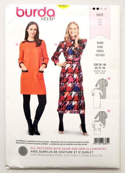 BURDA STYLE, Sewing Pattern 6381, Dress, Tunic, Front Pockets, Decorative Buttons on Shoulder, Size 10-20