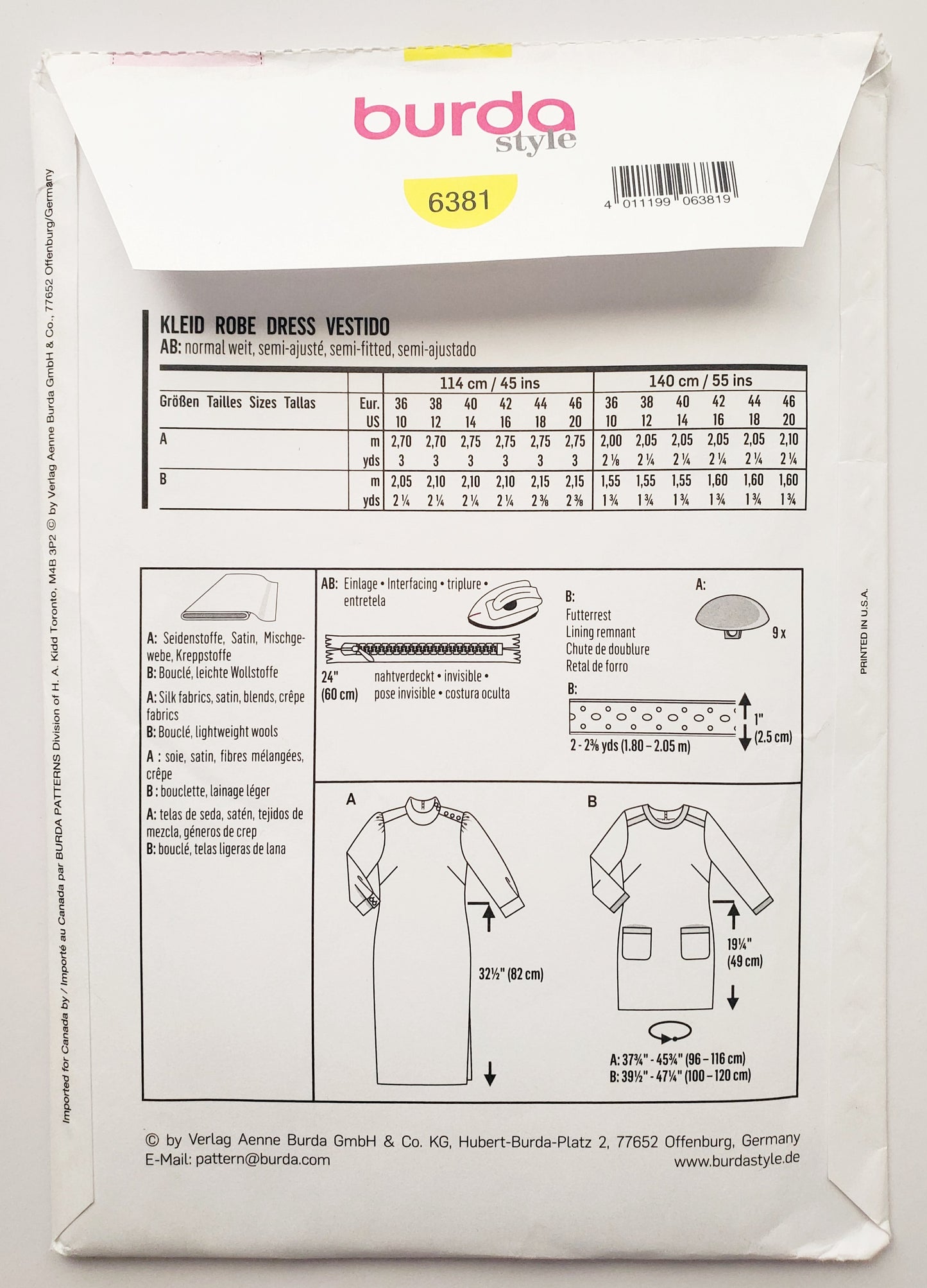 BURDA STYLE, Sewing Pattern 6381, Dress, Tunic, Front Pockets, Decorative Buttons on Shoulder, Size 10-20