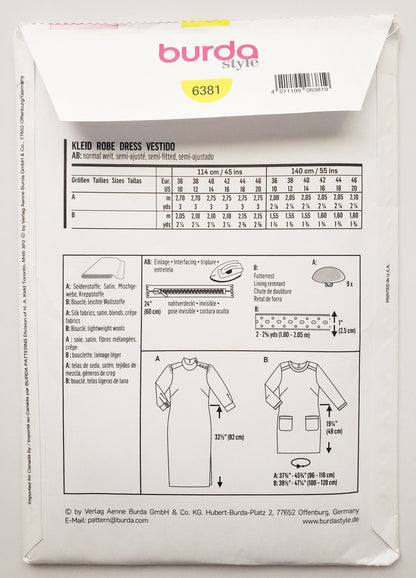 BURDA STYLE, Sewing Pattern 6381, Dress, Tunic, Front Pockets, Decorative Buttons on Shoulder, Size 10-20