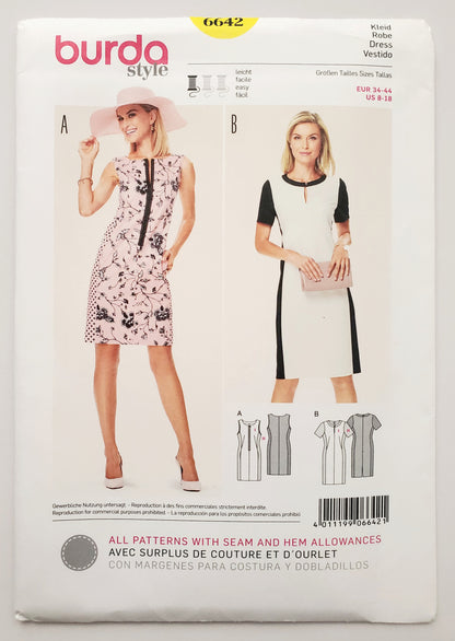 BURDA STYLE, Sewing Pattern 6642, Fitted Dress with Princess Seams, Keyholes, Size 8-18