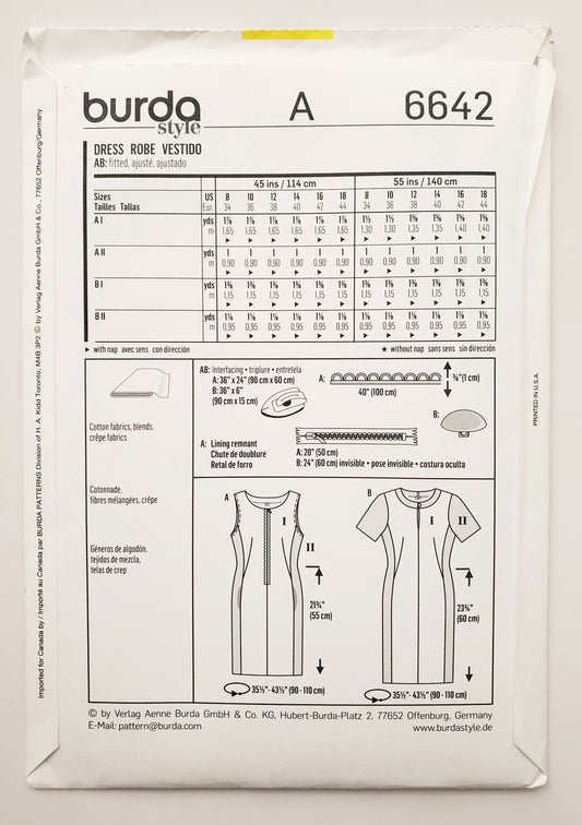 BURDA STYLE, Sewing Pattern 6642, Fitted Dress with Princess Seams, Keyholes, Size 8-18