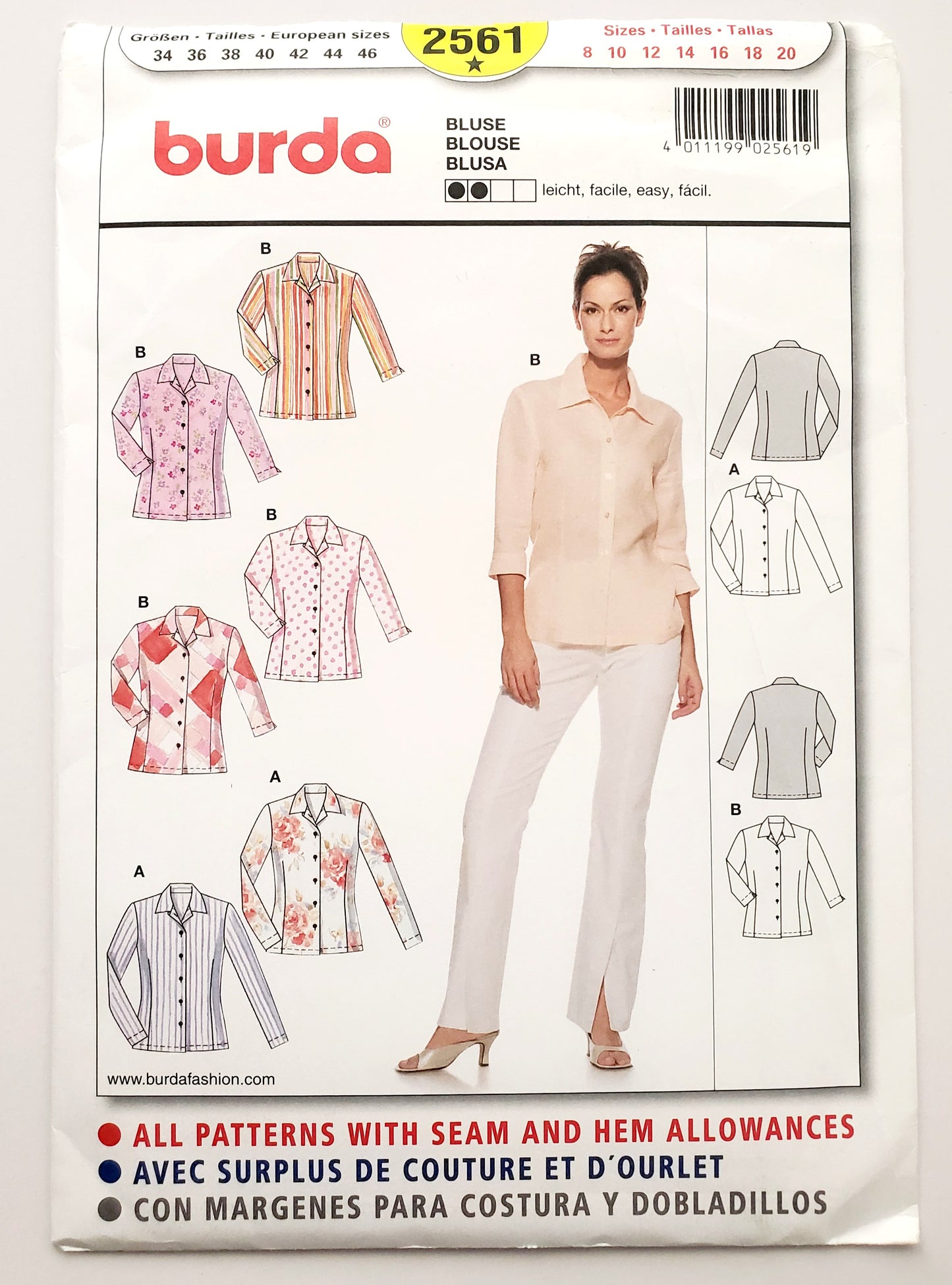 BURDA, Sewing Pattern 2561, Classic Tailored Blouse, Shirt, Sleeve Length Variations, Size 8-20