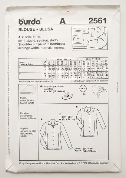 BURDA, Sewing Pattern 2561, Classic Tailored Blouse, Shirt, Sleeve Length Variations, Size 8-20