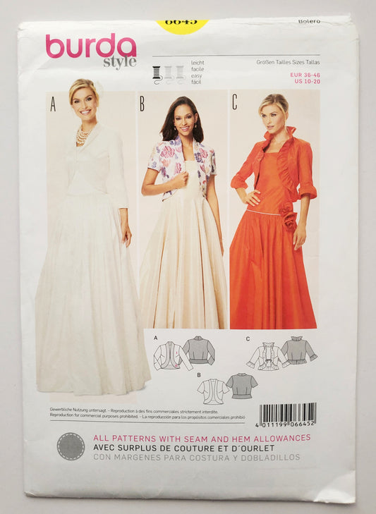 BURDA STYLE, Sewing Pattern 6645, Bolero, Fitted Open Jacket, Size 10-20 (Copy)