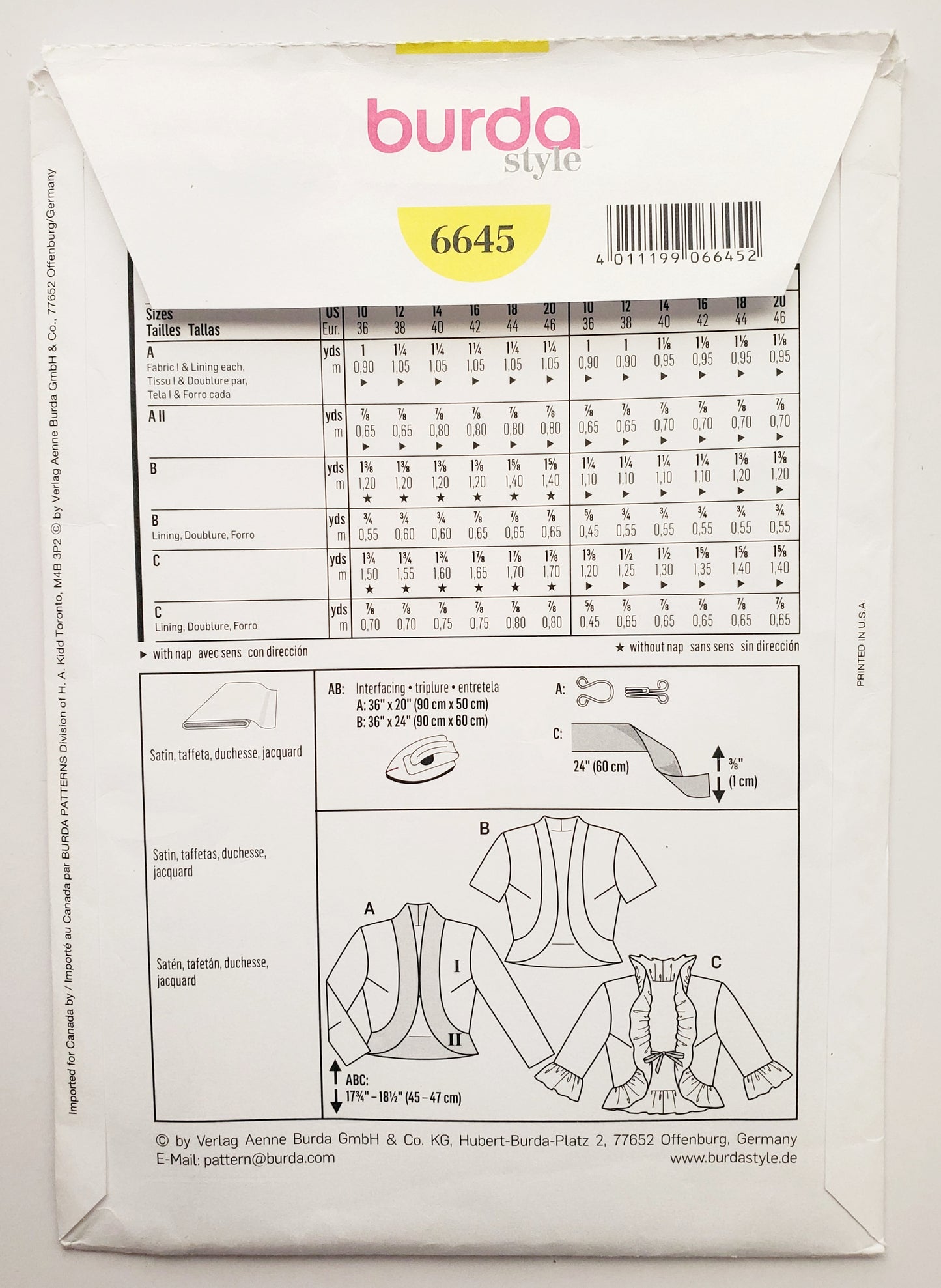 BURDA STYLE, Sewing Pattern 6645, Bolero, Fitted Open Jacket, Size 10-20