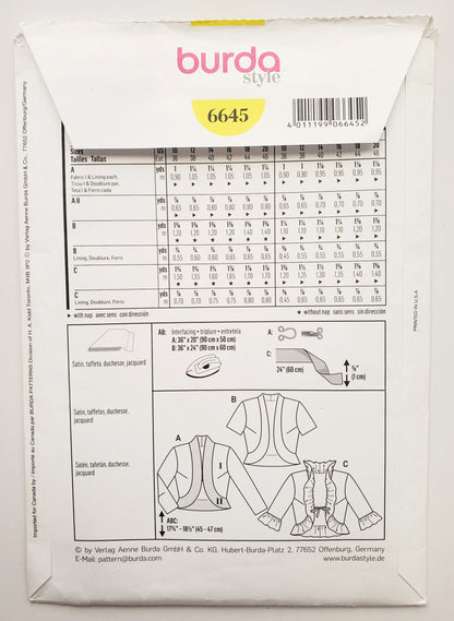 BURDA STYLE, Sewing Pattern 6645, Bolero, Fitted Open Jacket, Size 10-20