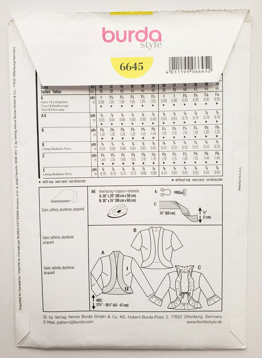 BURDA STYLE, Sewing Pattern 6645, Bolero, Fitted Open Jacket, Size 10-20 (Copy)