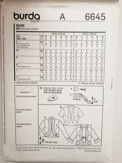 BURDA STYLE, Sewing Pattern 6645, Bolero, Fitted Open Jacket, Size 10-20