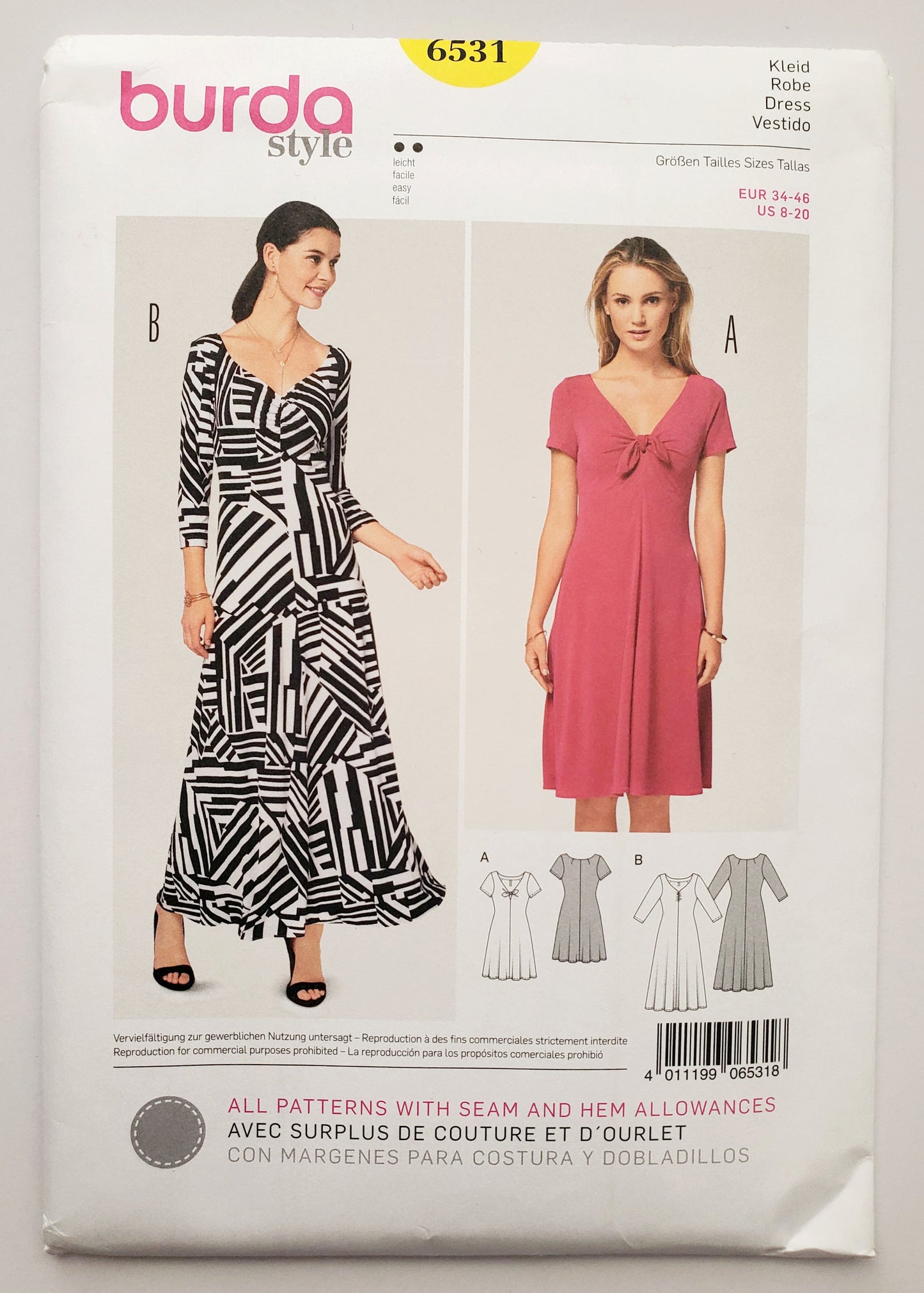 BURDA STYLE, Sewing Pattern 6531, Dress with Fabric Tie /Bow. Two Variations, Size 10-20