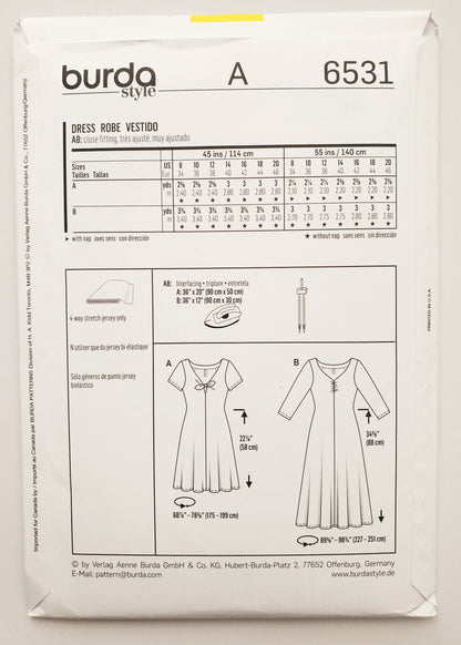 BURDA STYLE, Sewing Pattern 6531, Dress with Fabric Tie /Bow. Two Variations, Size 10-20