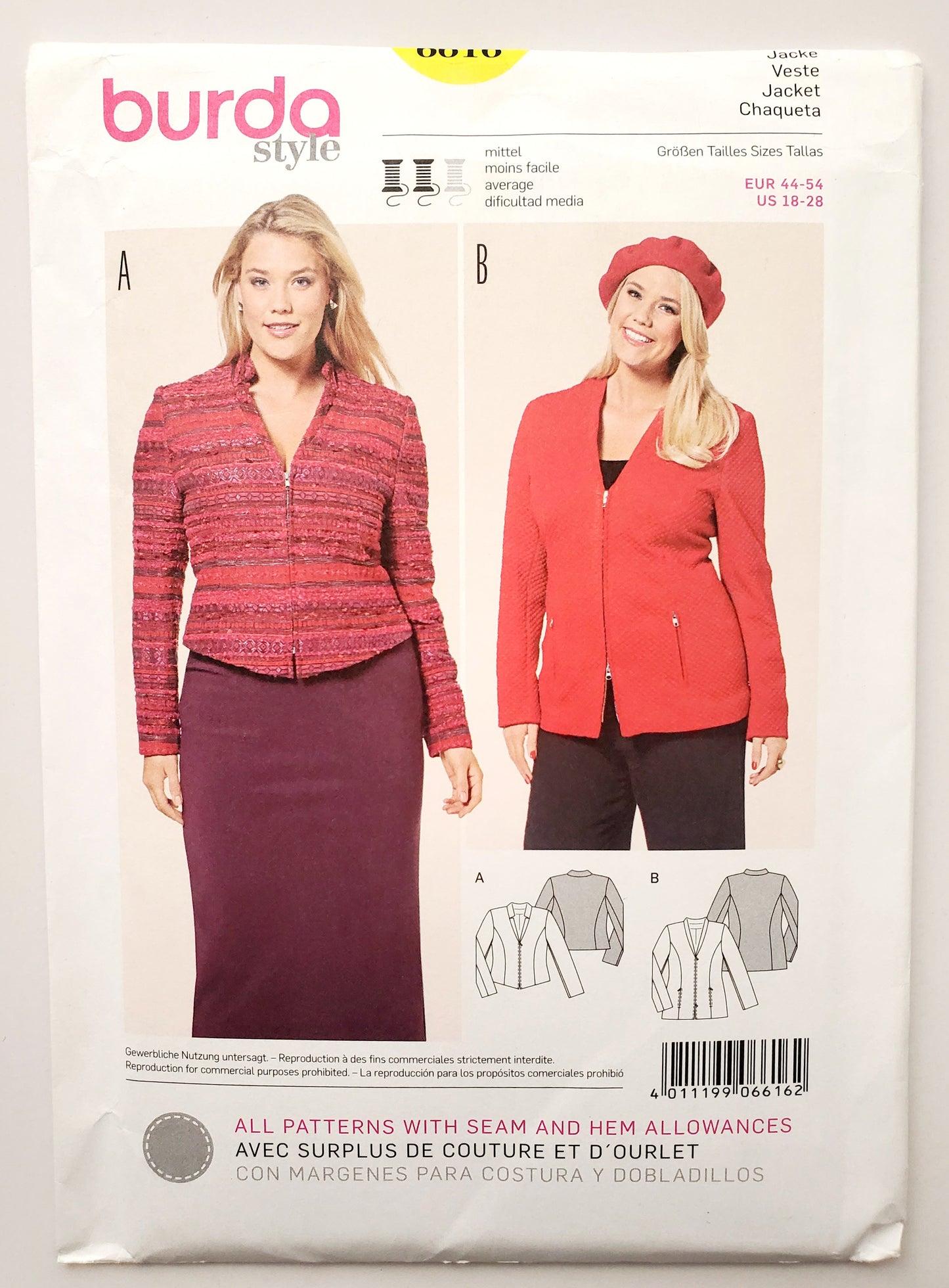 BURDA STYLE, Sewing Pattern 6616, Fitted Jackets with Zips, Size 18-28