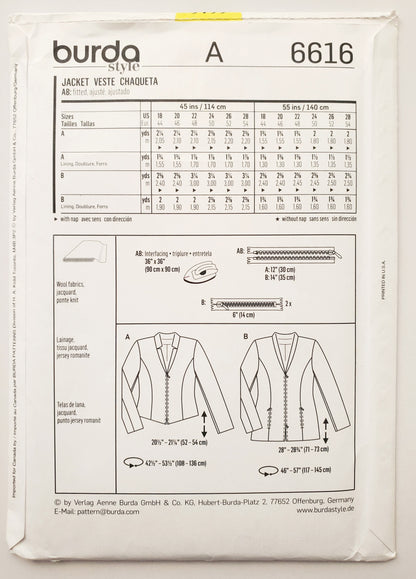 BURDA STYLE, Sewing Pattern 6616, Fitted Jackets with Zips, Size 18-28
