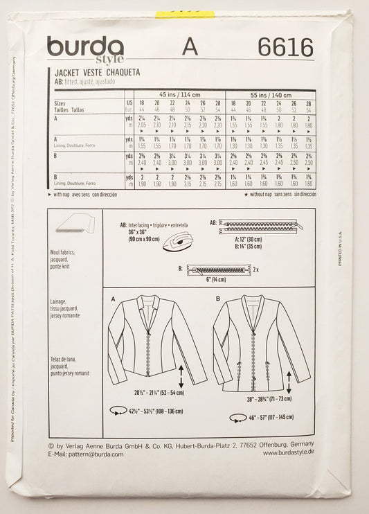 BURDA STYLE, Sewing Pattern 6616, Fitted Jackets with Zips, Size 18-28