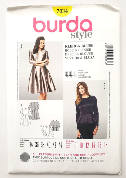 BURDA STYLE, Sewing Pattern 7034, Blouse, Dress, Size 8-18