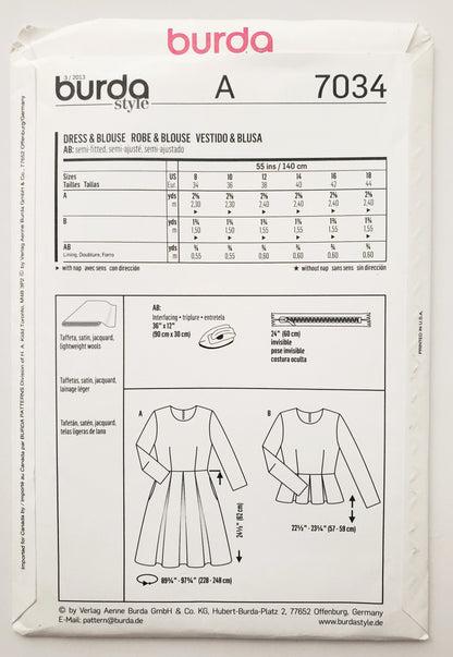 BURDA STYLE, Sewing Pattern 7034, Blouse, Dress, Size 8-18