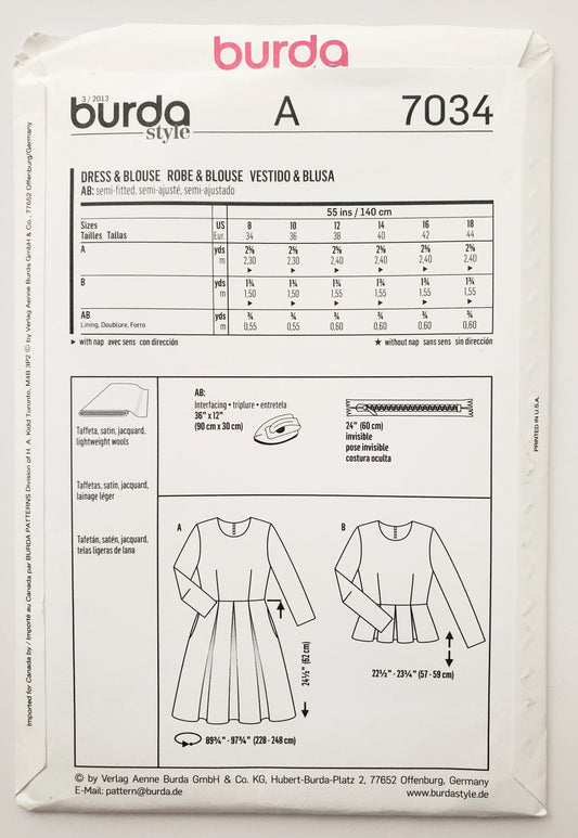BURDA STYLE, Sewing Pattern 7034, Blouse, Dress, Size 8-18
