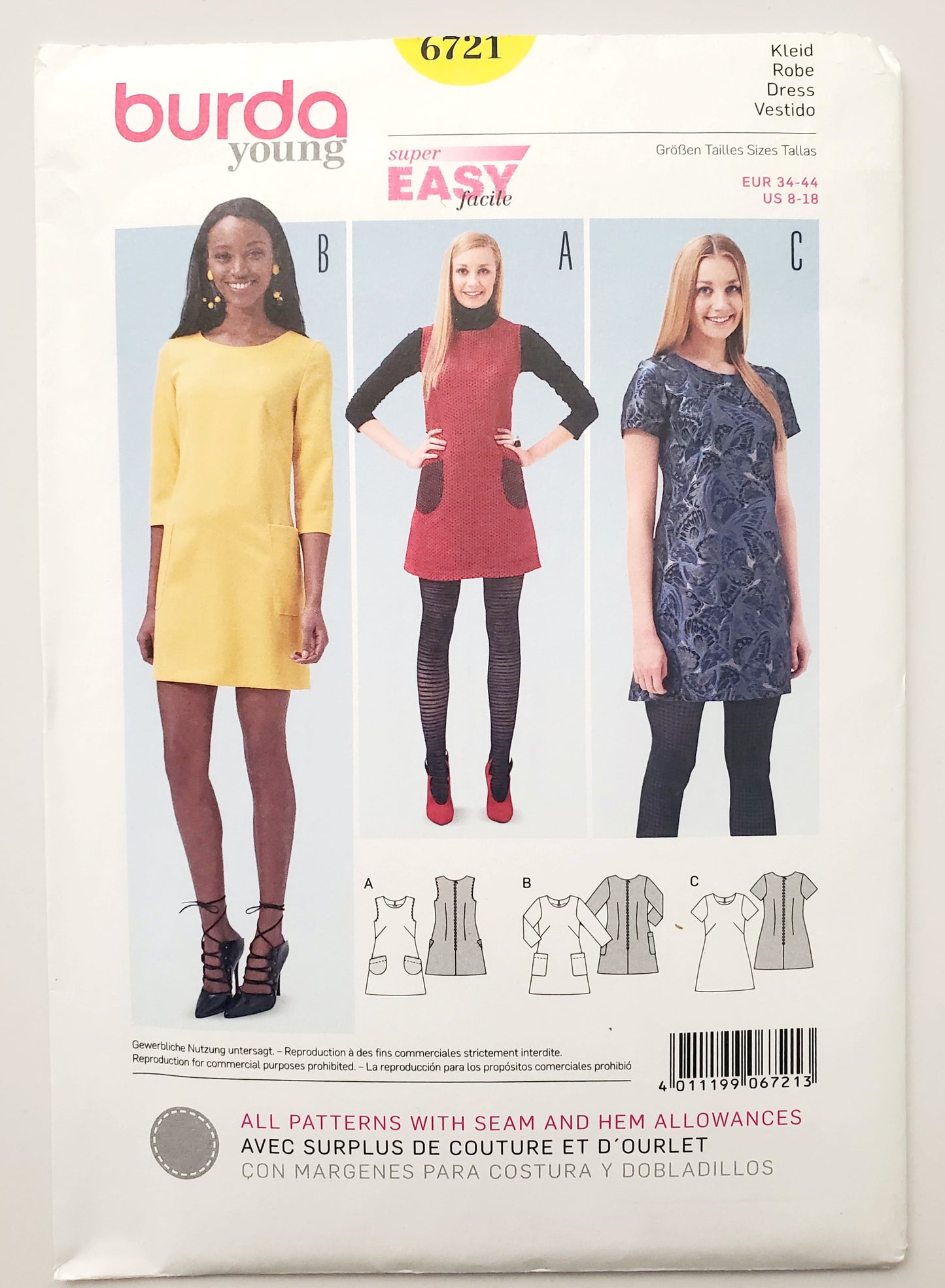 BURDA YOUNG, Sewing Pattern 6721, Semi-Fitted Retro Style Short Dresses, Size 8-18