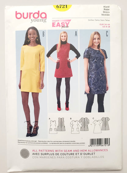 BURDA YOUNG, Sewing Pattern 6721, Semi-Fitted Retro Style Short Dresses, Size 8-18