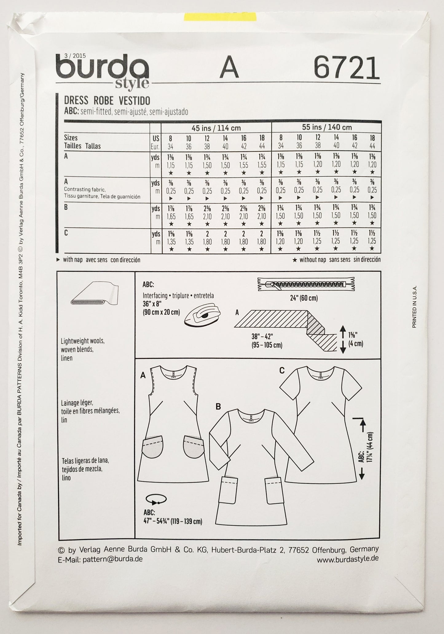 BURDA YOUNG, Sewing Pattern 6721, Semi-Fitted Retro Style Short Dresses, Size 8-18
