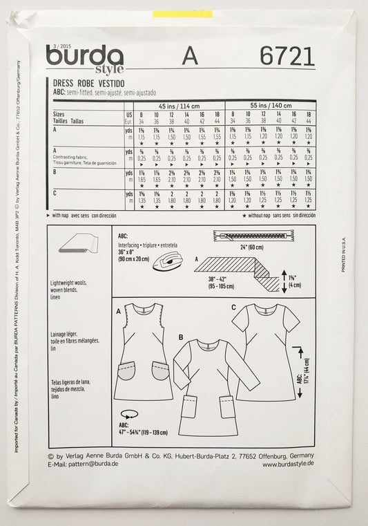 BURDA YOUNG, Sewing Pattern 6721, Semi-Fitted Retro Style Short Dresses, Size 8-18
